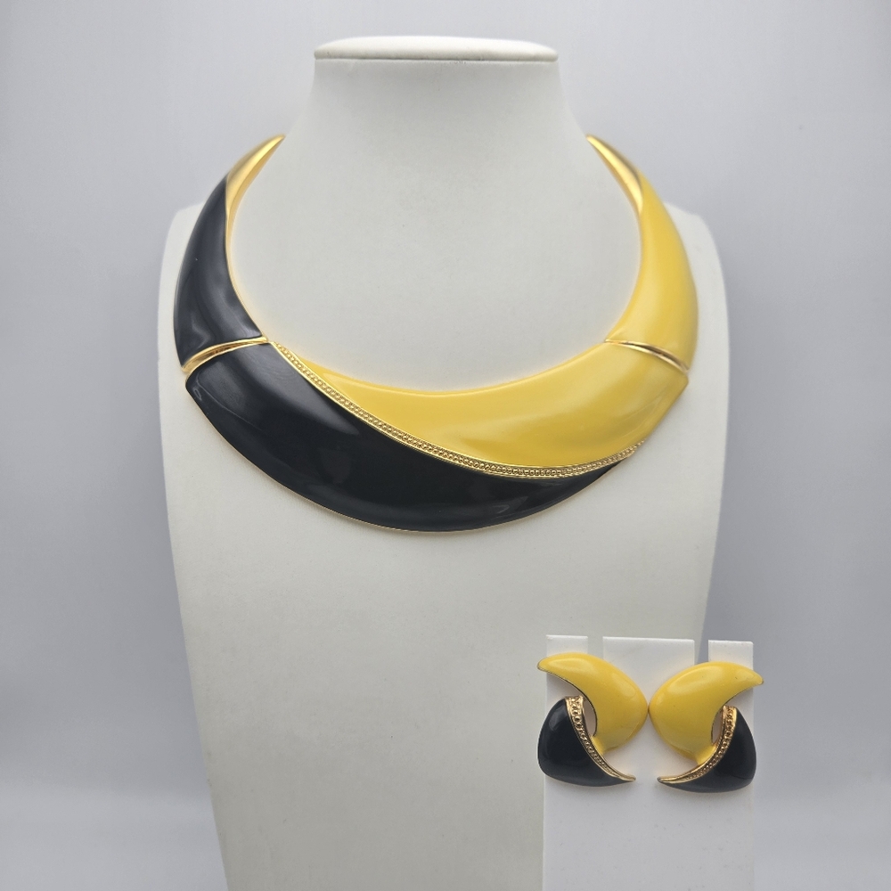 Enamel Collar Necklace Earring Set Retro Statement Yellow Black 80s Vintage